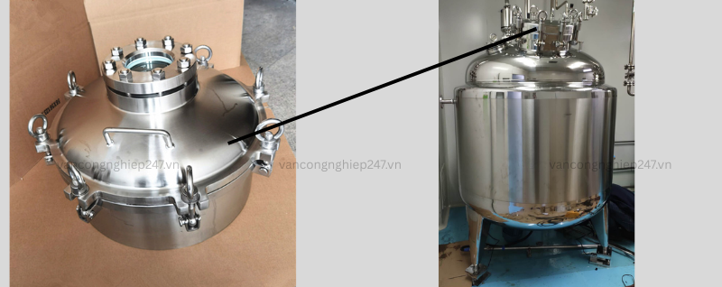 Nắp tank inox lap tren bồn khuấy inox